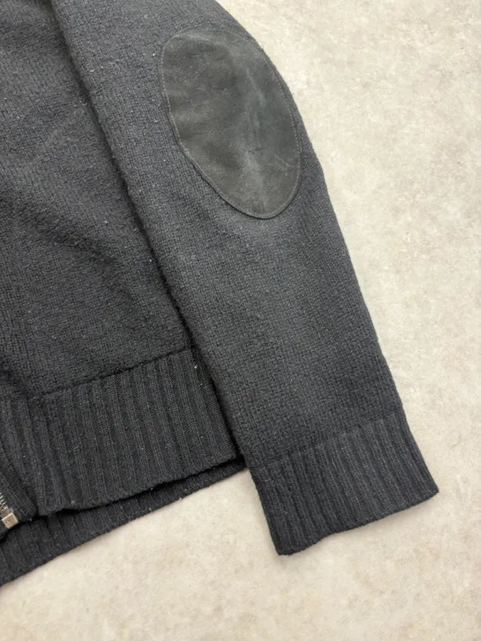 FW2007 Prada Black Elbow Patch Wool Zip-Up Sweater QOUtgcu 7