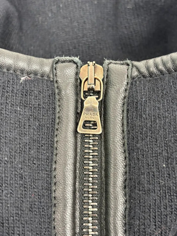 FW2007 Prada Black Padded Leather Wool Zip-up Sweater xZgApPA 8