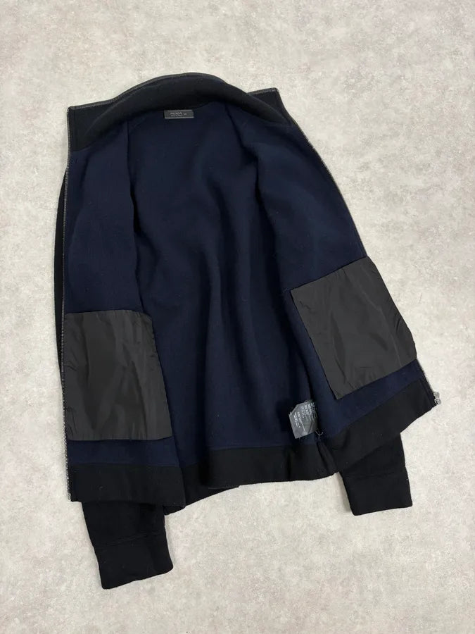 FW2007 Prada Black Padded Leather Wool Zip-up Sweater xZgApPA 6