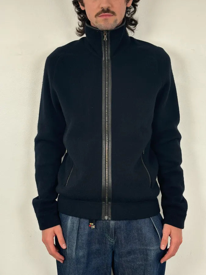 FW2007 Prada Black Padded Leather Wool Zip-up Sweater xZgApPA 1