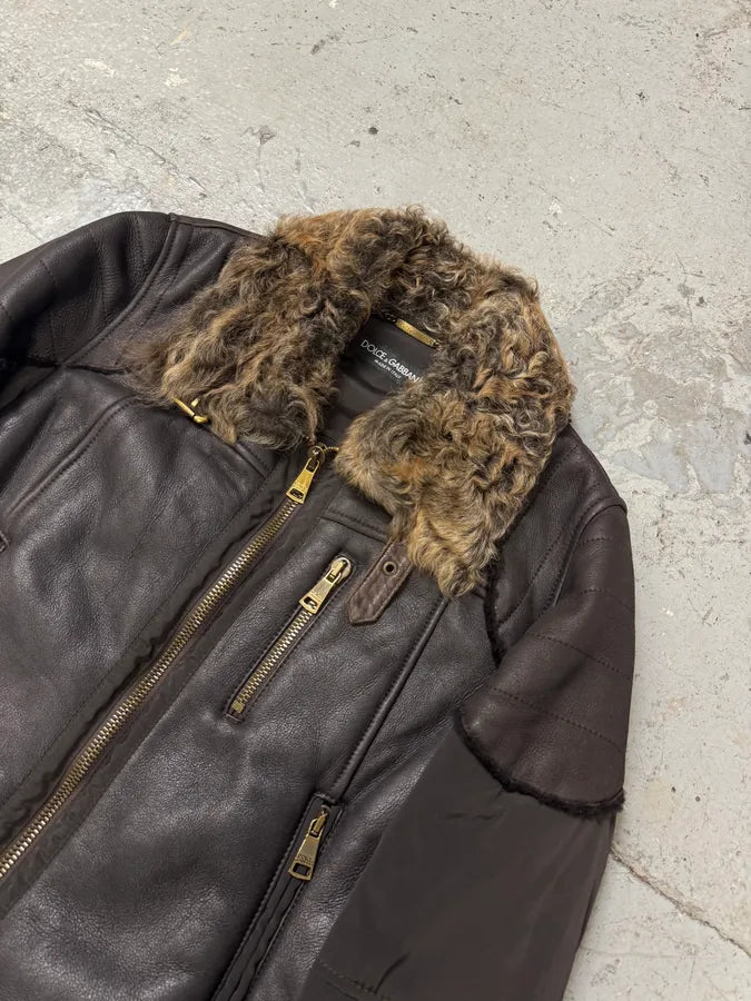 FW2008 Dolce & Gabbana Black Hybrid Faux Fur Collar Leather Jacket (L) VfENngn 1