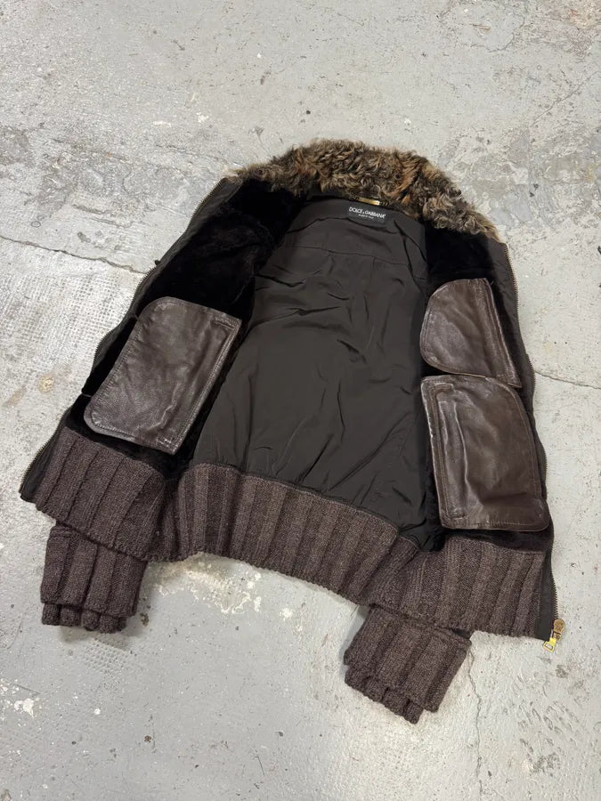 FW2008 Dolce & Gabbana Black Hybrid Faux Fur Collar Leather Jacket (L) VfENngn 2