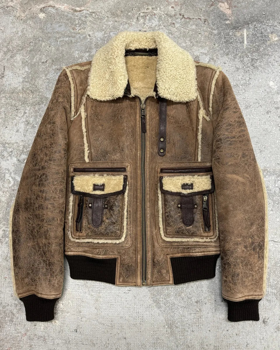 FW2008 Dolce & Gabbana Runway Brown Leather Shearling Jacket (M) 0