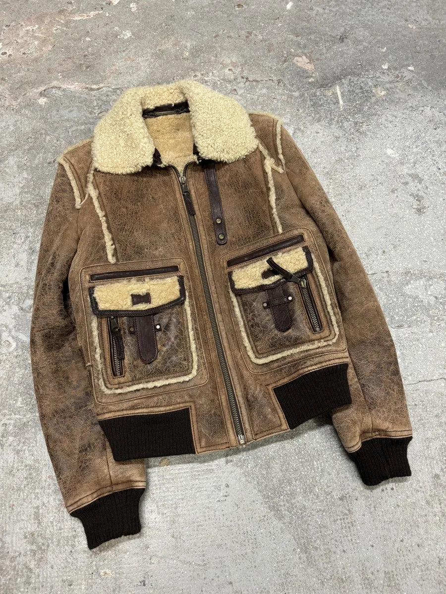 FW2008 Dolce & Gabbana Runway Brown Leather Shearling Jacket (M) 2