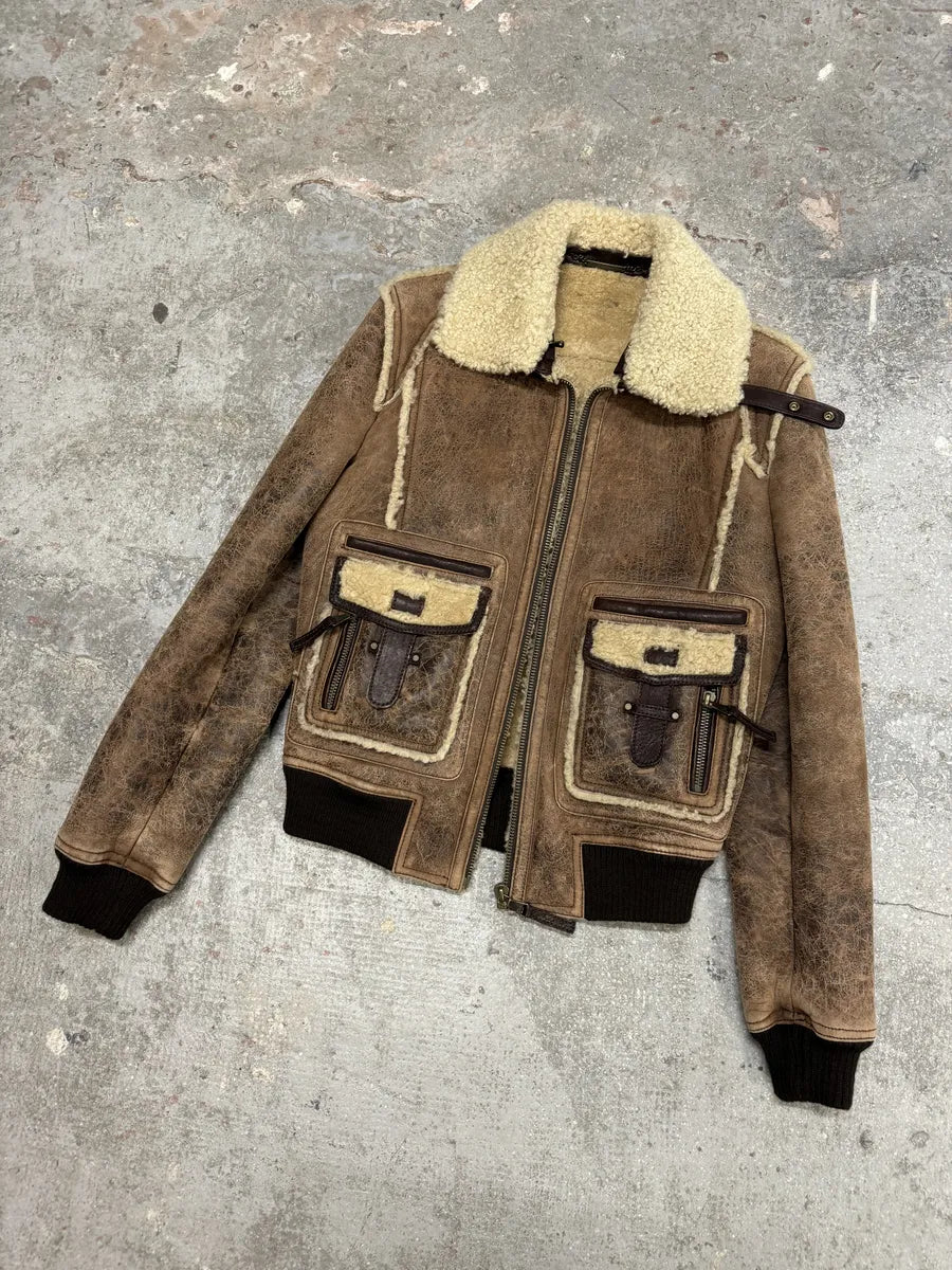FW2008 Dolce & Gabbana Runway Brown Leather Shearling Jacket (M) 3