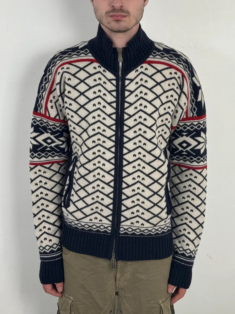 FW2008 Dsquared2 Navy & White Wool Geometric Knit Zip-up Sweater wAeUUNw 1