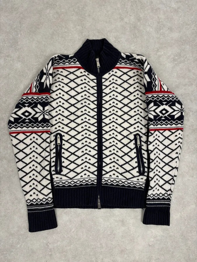 FW2008 Dsquared2 Navy & White Wool Geometric Knit Zip-up Sweater wAeUUNw 0