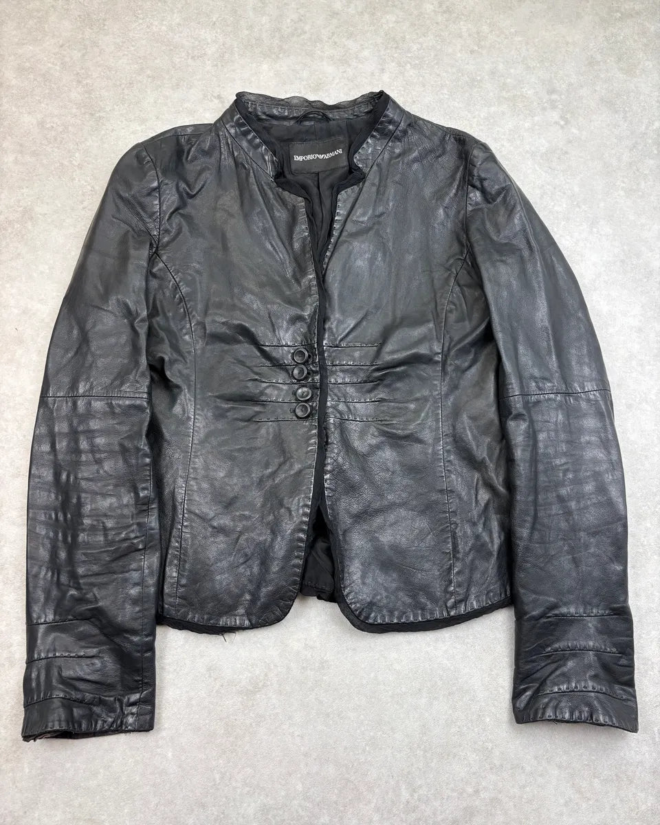 FW2008 Emporio Armani Black Wrinkled Leather Blazer Jacket fJJEaYT 2