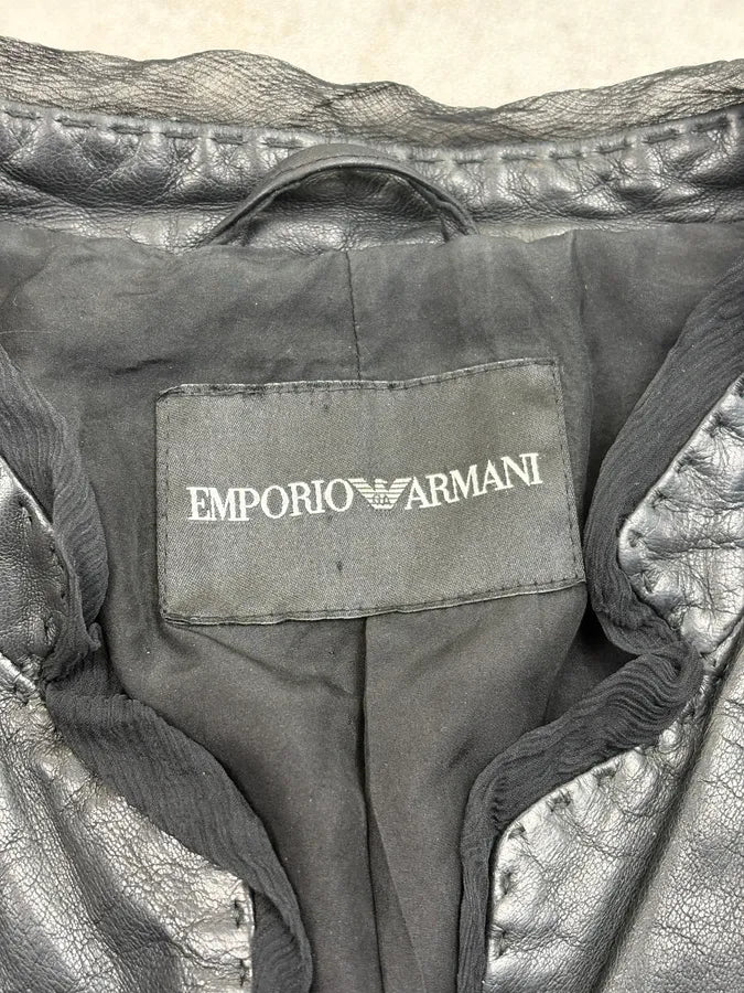 FW2008 Emporio Armani Black Wrinkled Leather Blazer Jacket fJJEaYT 8