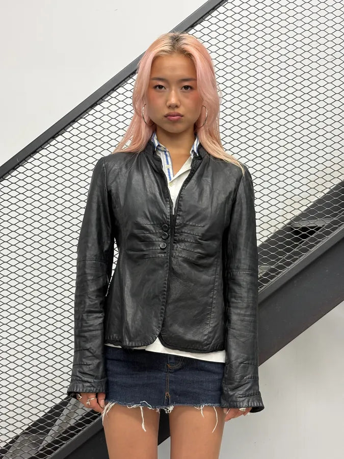FW2008 Emporio Armani Black Wrinkled Leather Blazer Jacket fJJEaYT 0
