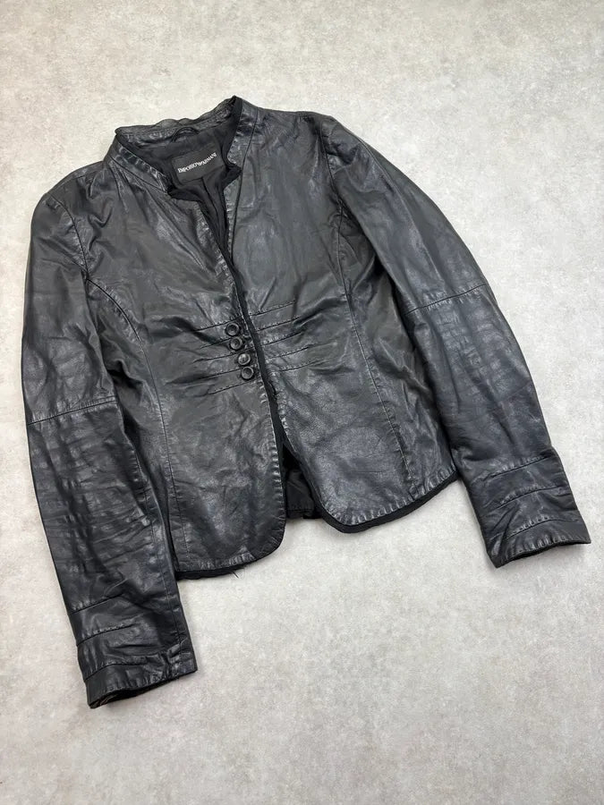 FW2008 Emporio Armani Black Wrinkled Leather Blazer Jacket fJJEaYT 3