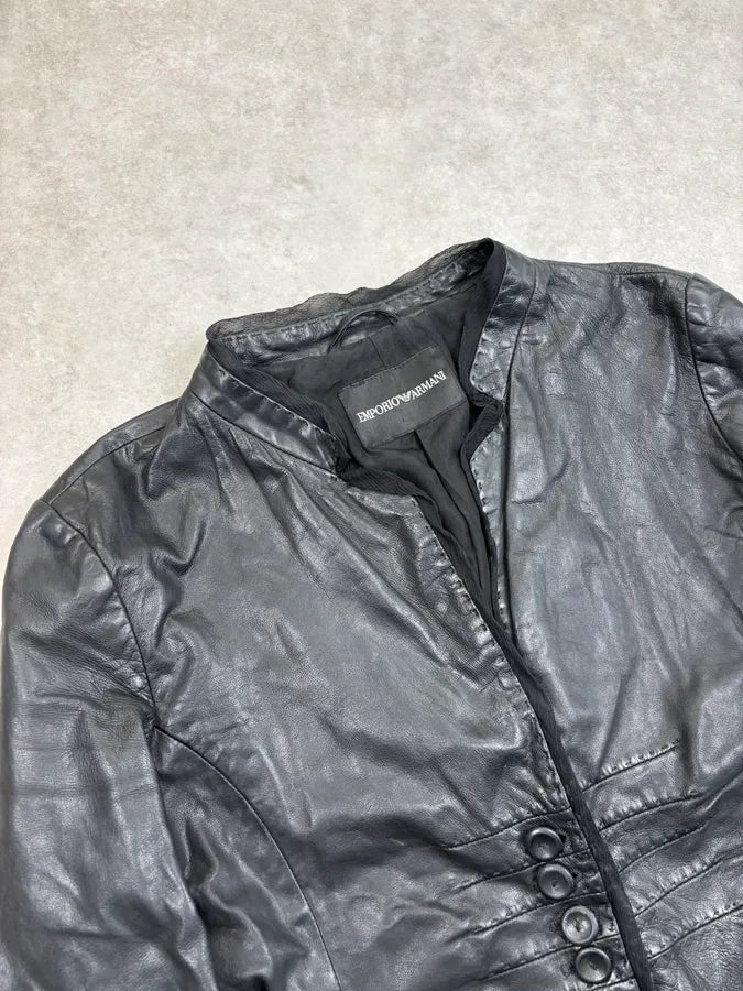 FW2008 Emporio Armani Black Wrinkled Leather Blazer Jacket fJJEaYT 4