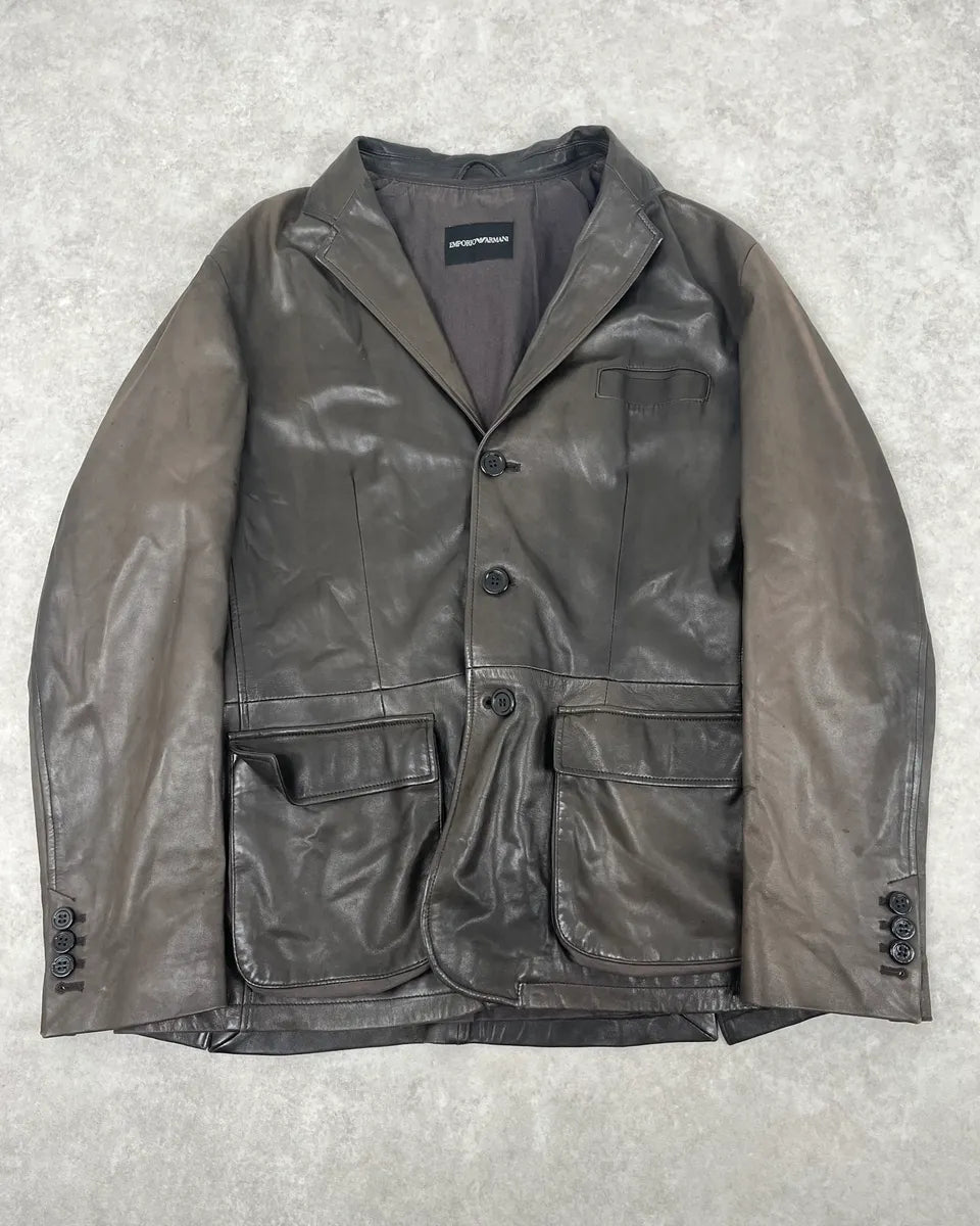 FW2008 Emporio Armani Faded Brown Leather Blazer Jacket ULXbpuh 0
