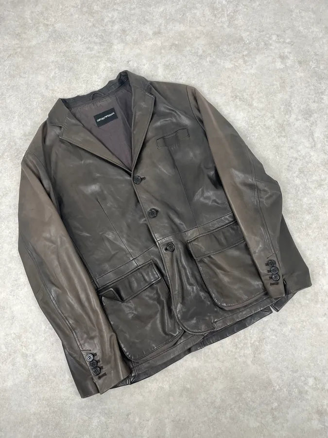 FW2008 Emporio Armani Faded Brown Leather Blazer Jacket ULXbpuh 4