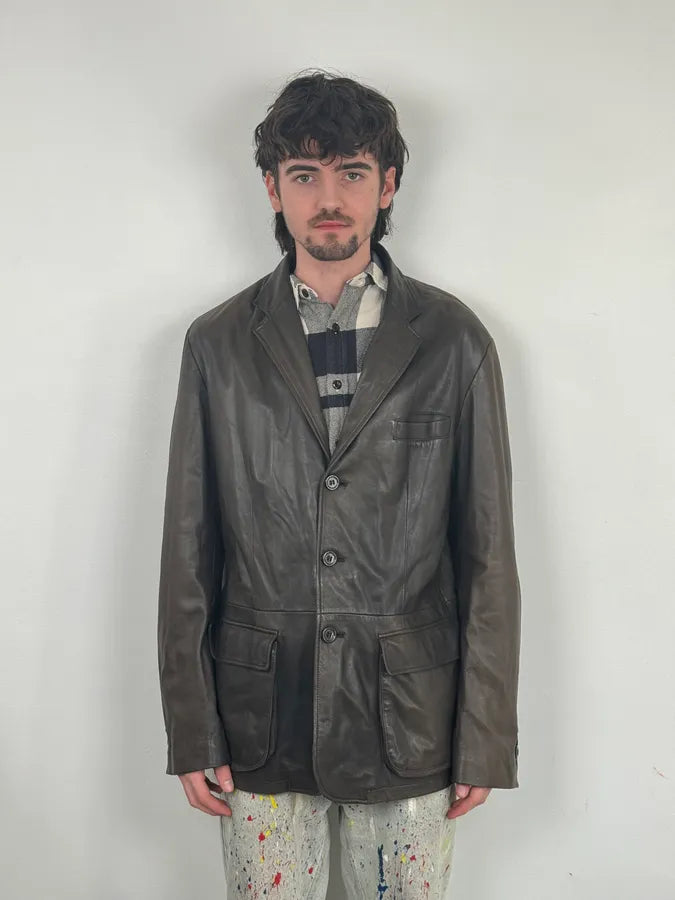 FW2008 Emporio Armani Faded Brown Leather Blazer Jacket ULXbpuh 1