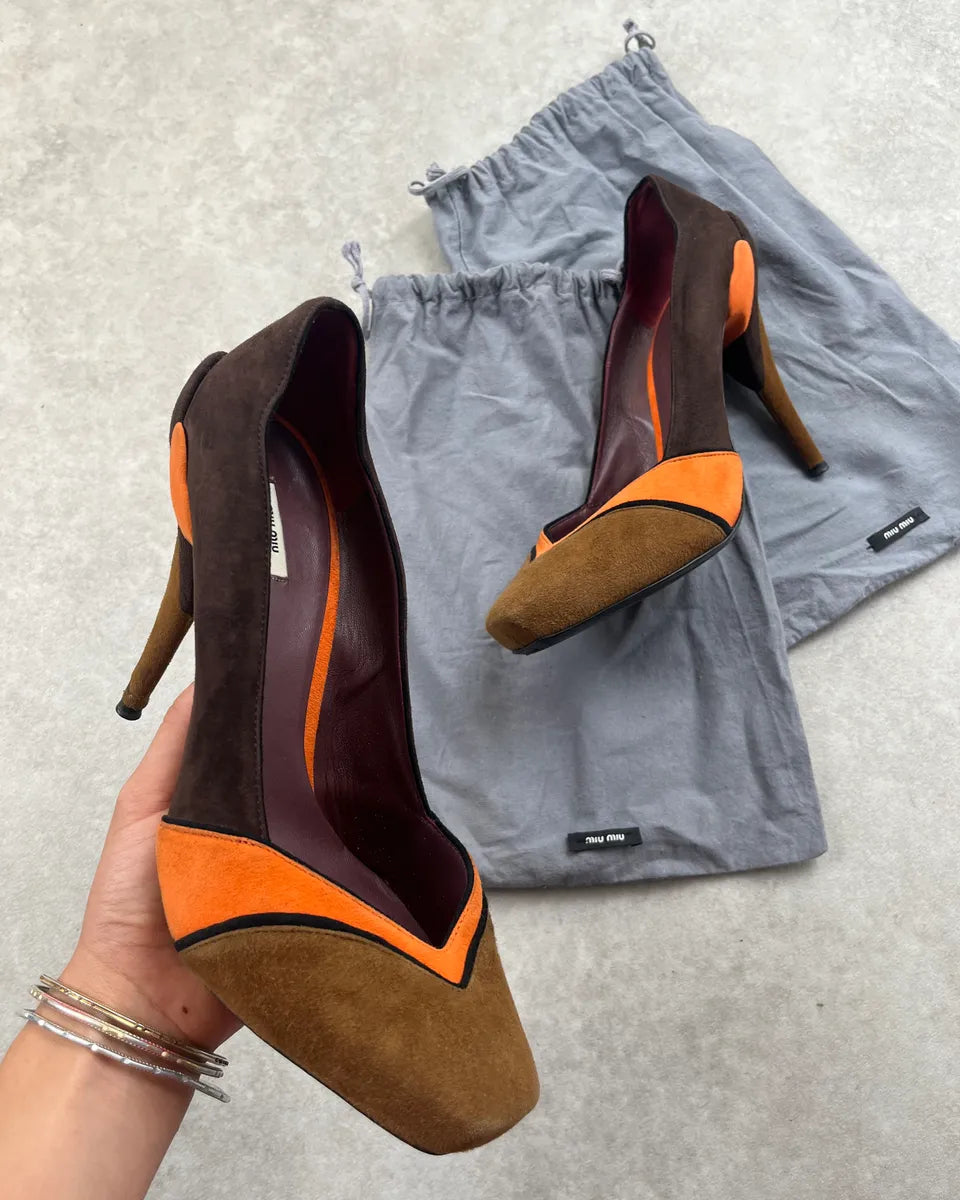 FW2008 Miu Miu Brown Suede Orange Contrast Trim Heels CwbUQTx 0