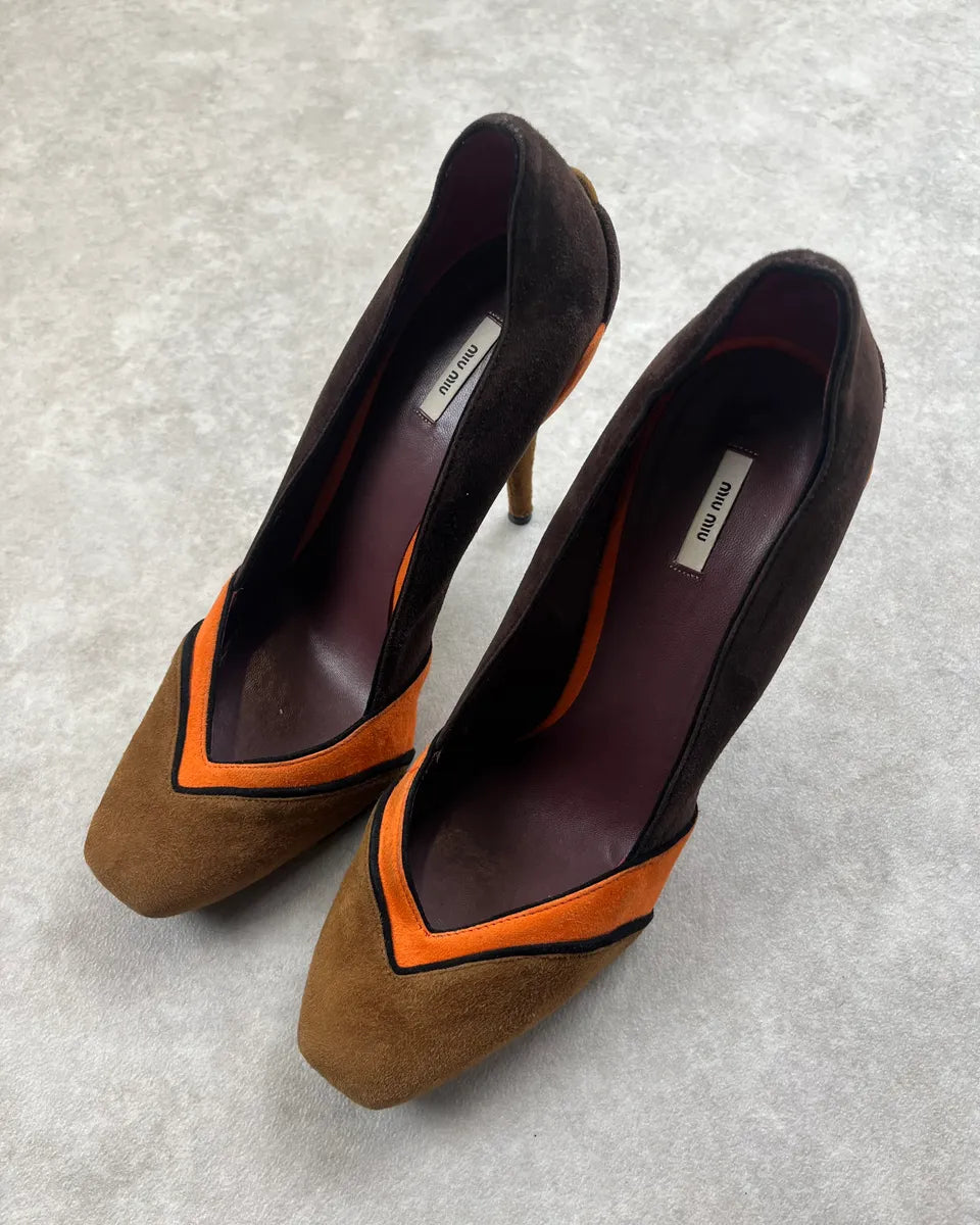 FW2008 Miu Miu Brown Suede Orange Contrast Trim Heels CwbUQTx 1