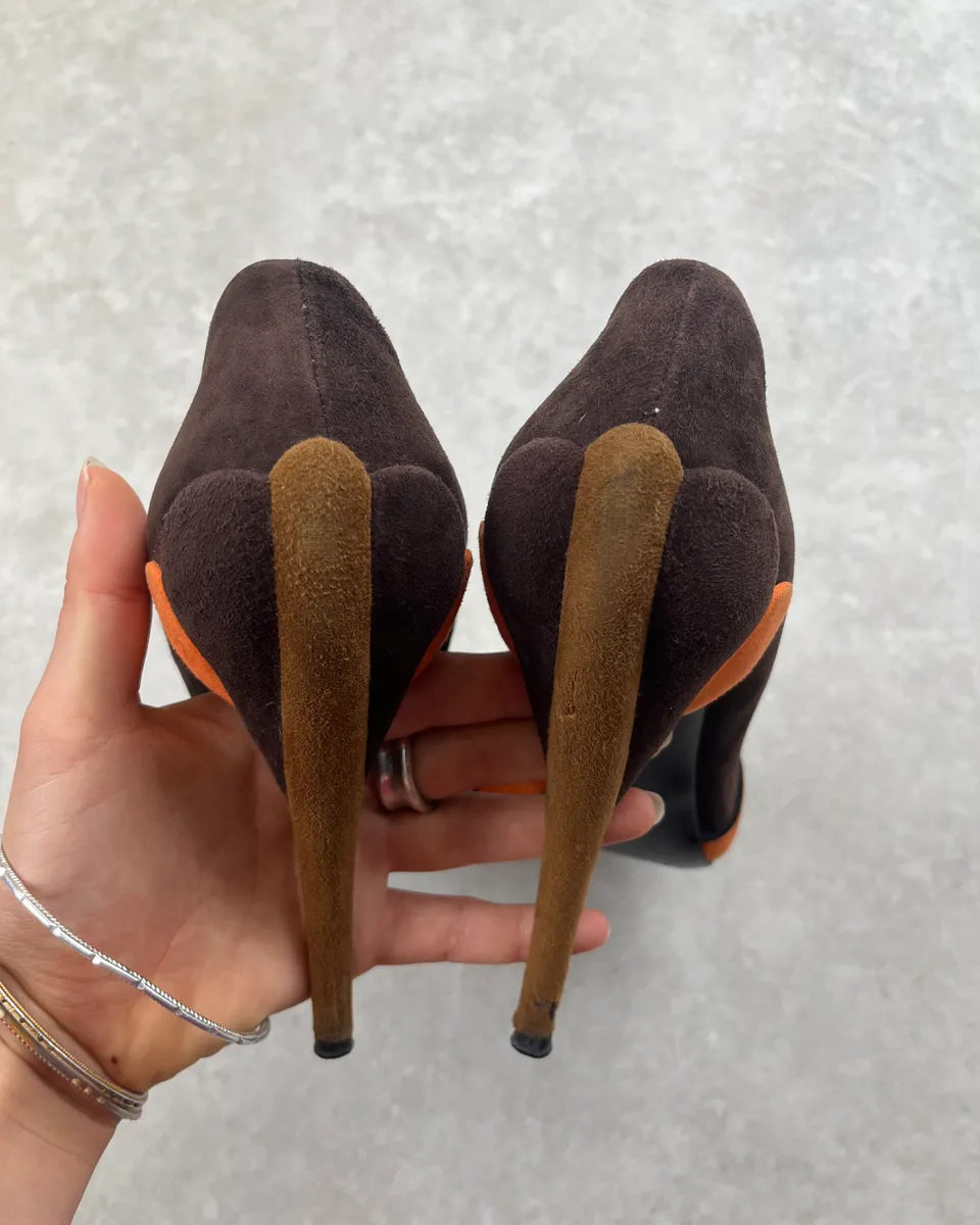 FW2008 Miu Miu Brown Suede Orange Contrast Trim Heels CwbUQTx 5
