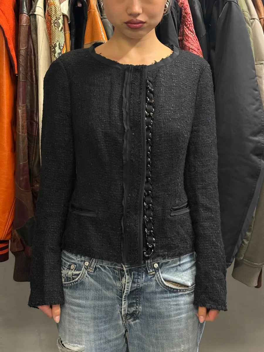 FW2008 Prada Black Bouclé Chain-Front Blazer Jacket lKgMkXN 1