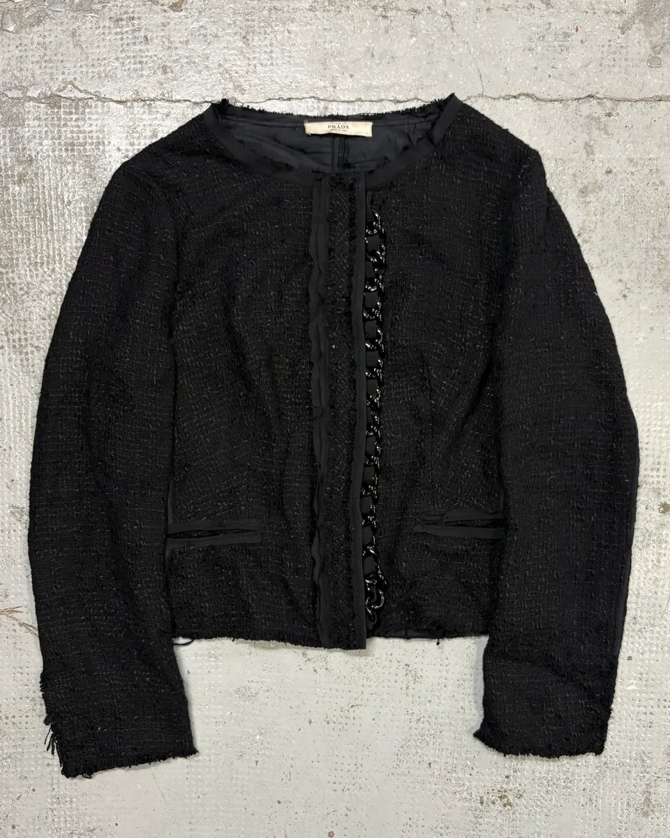 FW2008 Prada Black Bouclé Chain-Front Blazer Jacket lKgMkXN 0