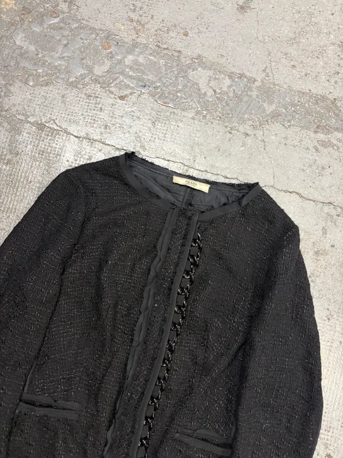 FW2008 Prada Black Bouclé Chain-Front Blazer Jacket lKgMkXN 3