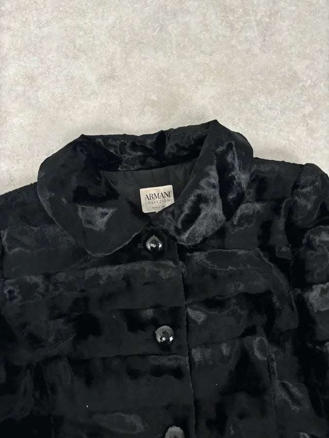 FW2009 Armani Collezioni Black Faux Fur Textured Long Coat ymadMkH 3