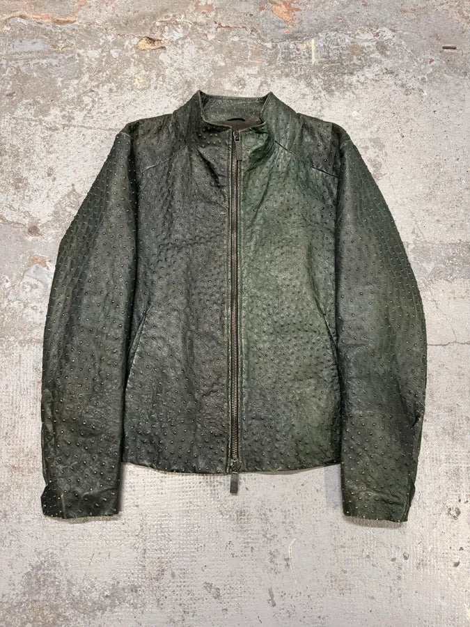 FW2009 Emporio Armani Dark Green Ostrich Effect Leather Jacket KQcmhan 0