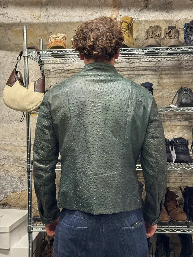 FW2009 Emporio Armani Dark Green Ostrich Effect Leather Jacket KQcmhan 4