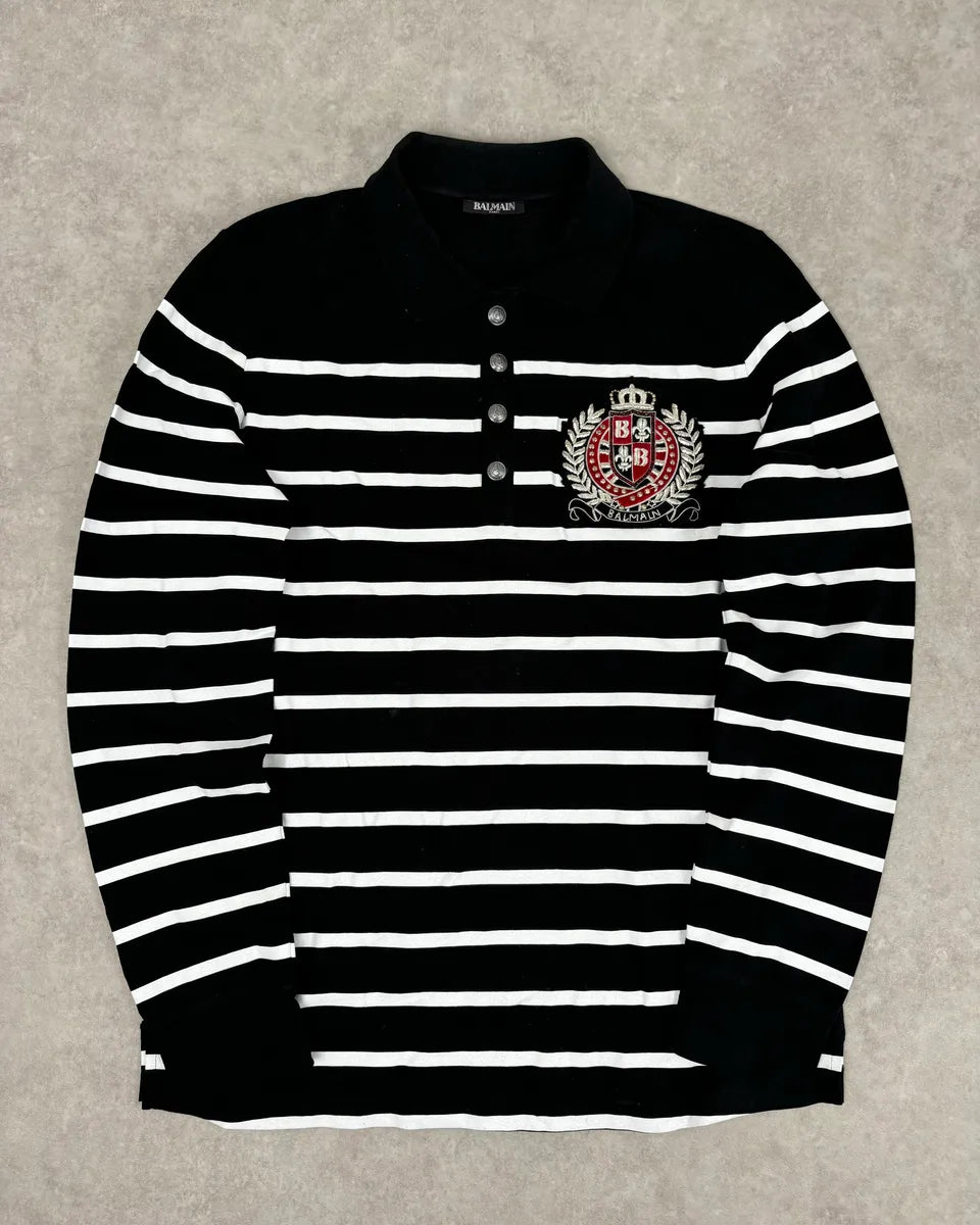 AW2018 Balmain Black Cotton Striped Polo Sweater FzgrONF 0