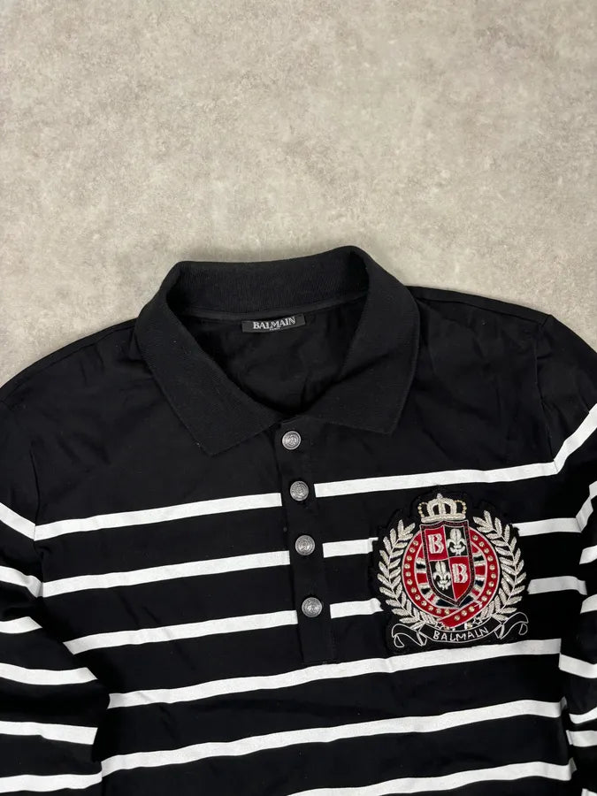 AW2018 Balmain Black Cotton Striped Polo Sweater FzgrONF 3