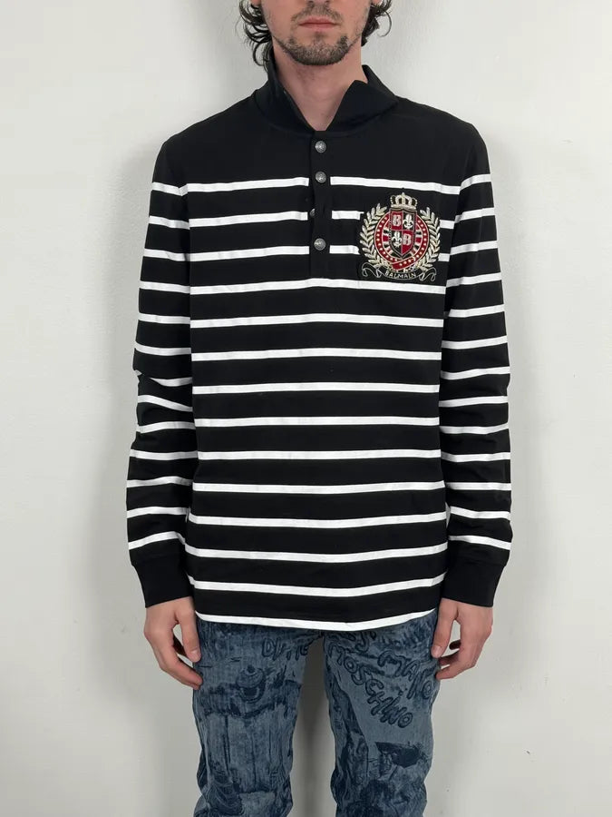 AW2018 Balmain Black Cotton Striped Polo Sweater FzgrONF 1