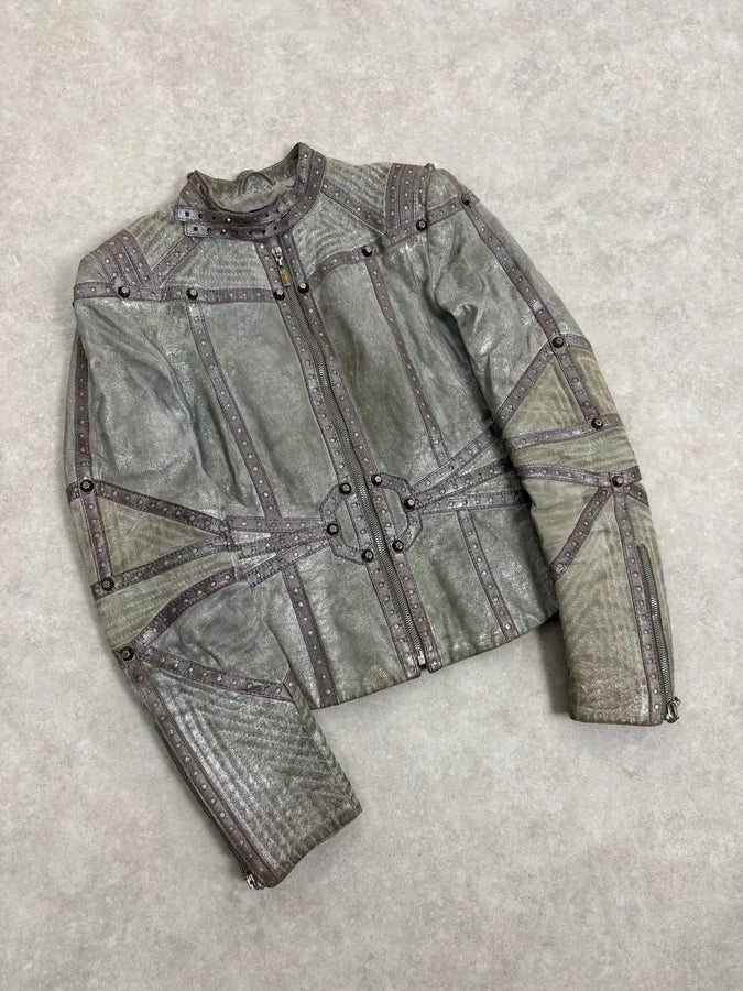 FW2010 Cavalli Faded Grey Studded Leather Jacket RCwsTUS 3