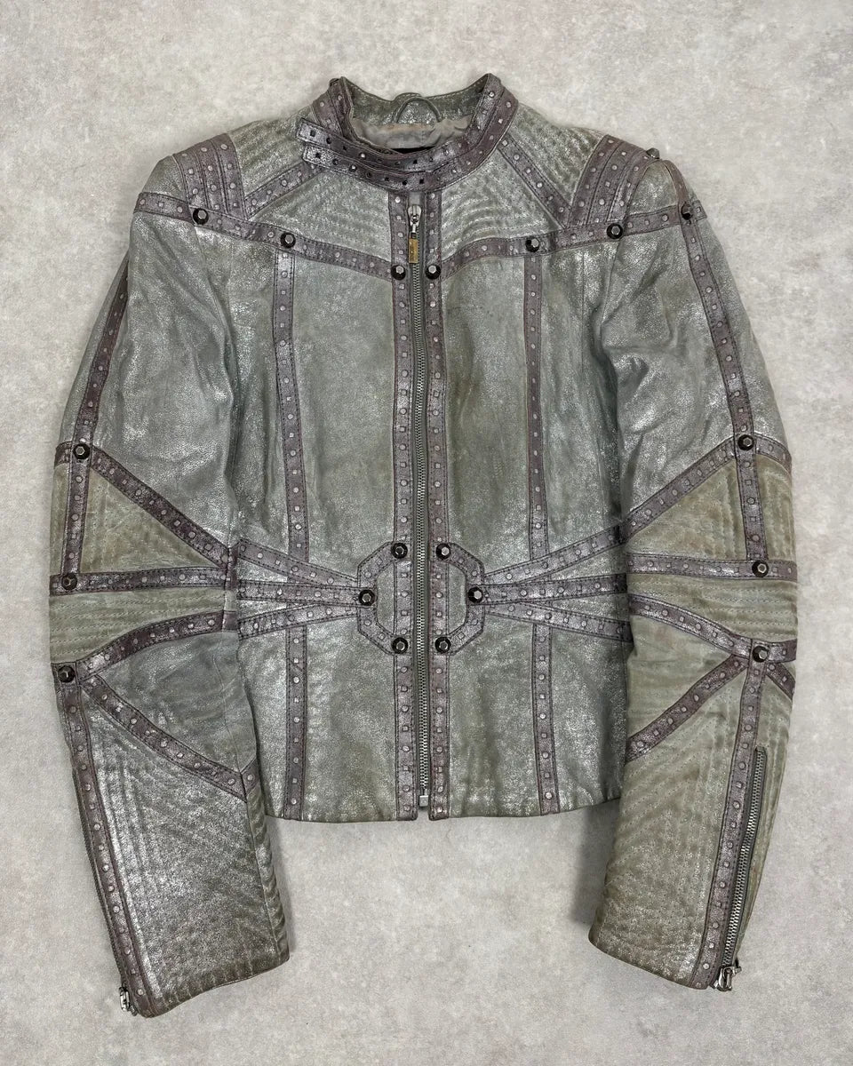 FW2010 Cavalli Faded Grey Studded Leather Jacket RCwsTUS 0