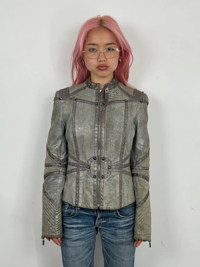 FW2010 Cavalli Faded Grey Studded Leather Jacket RCwsTUS 1