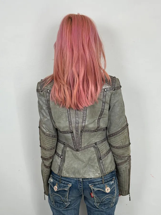 FW2010 Cavalli Faded Grey Studded Leather Jacket RCwsTUS 2