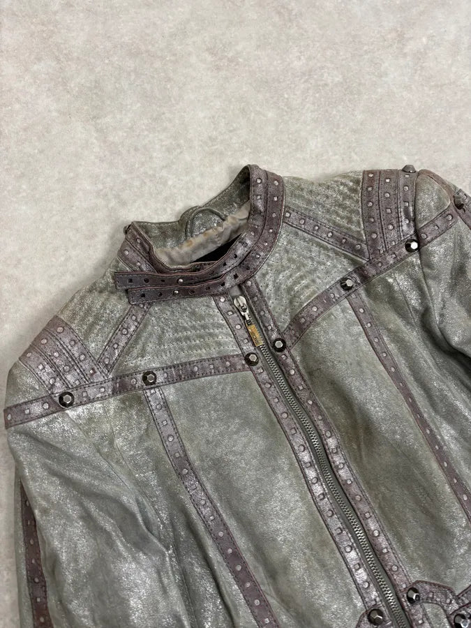FW2010 Cavalli Faded Grey Studded Leather Jacket RCwsTUS 4