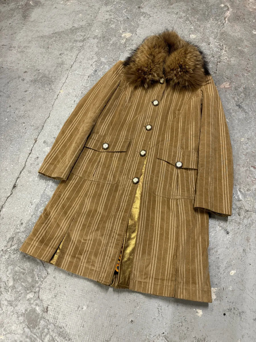 FW2010 Dolce & Gabbana Beige Fur Collar Buttoned Long Jacket (S) 2