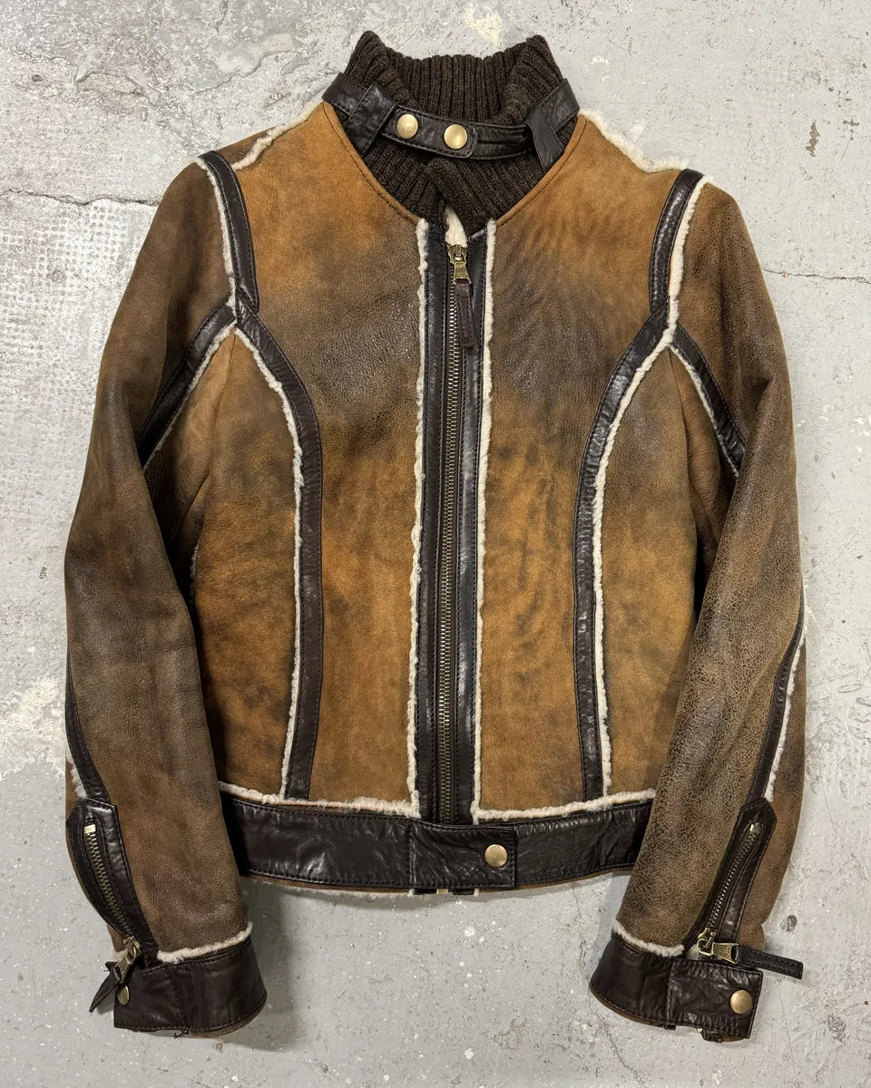 FW2010 Dolce @ Gabbana Brown Faded Shearling Leather Jacket (S) 0