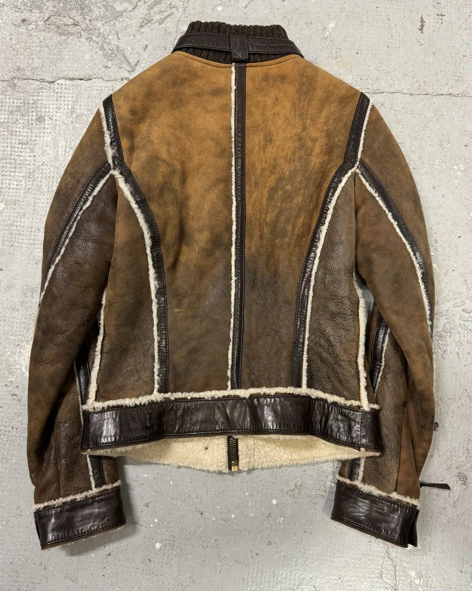 FW2010 Dolce @ Gabbana Brown Faded Shearling Leather Jacket (S) 2