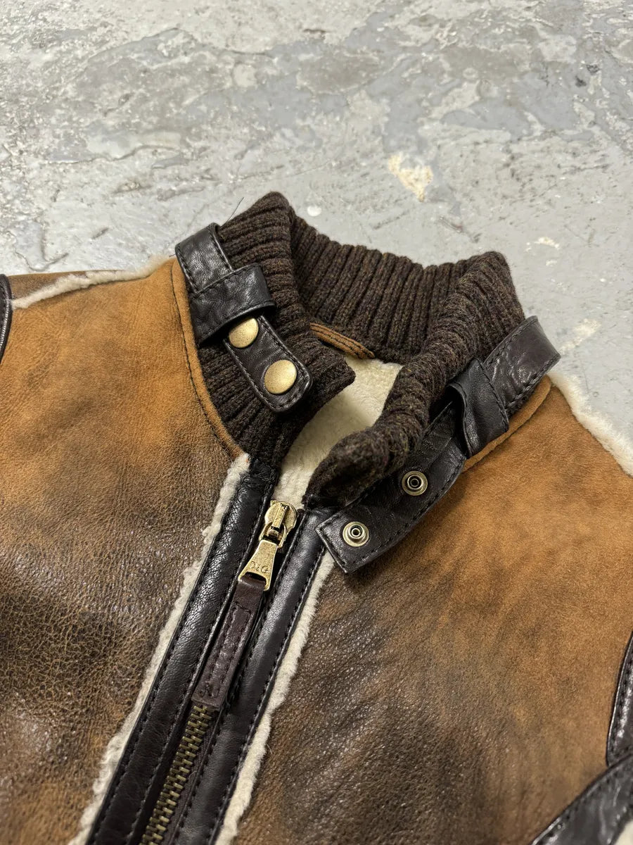FW2010 Dolce @ Gabbana Brown Faded Shearling Leather Jacket (S) 6