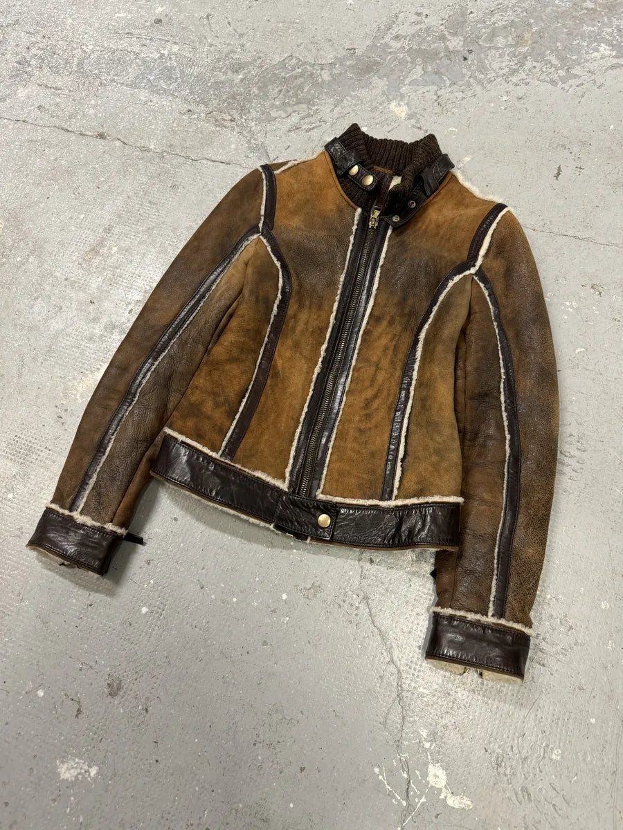FW2010 Dolce @ Gabbana Brown Faded Shearling Leather Jacket (S) 9