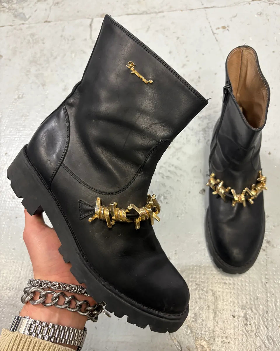 2010s Dsquared2 Black Leather Gold Chain Ankle Boot  YpTdHlJ 0