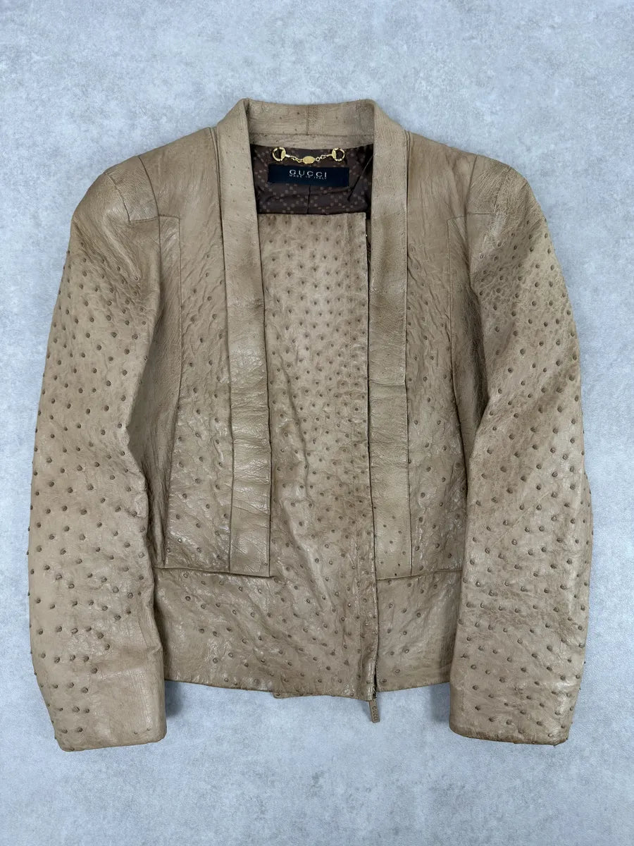 FW2010 Gucci Beige Asymmetrical Ostrich Leather Jacket by Frida Giannini AKLeIfL 0