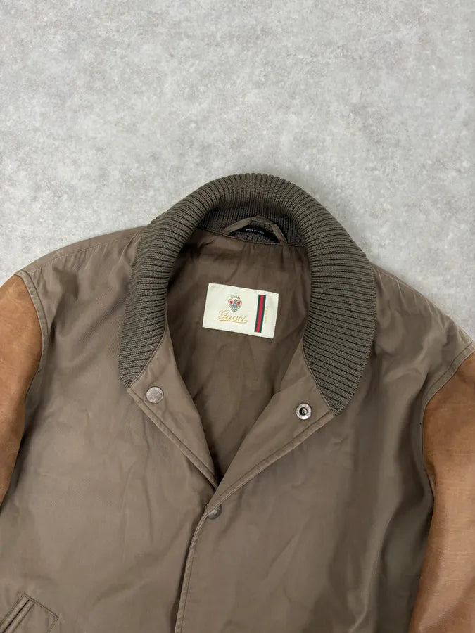 AW2010 Gucci Brown Hybrid Leather Sleeve Bomber Jacket ihYfrop 4