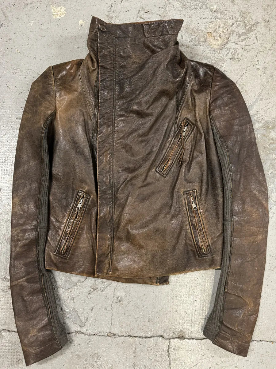 FW2010 Rick Owens Tumbled Stoned Brown Hybrid Leather Jacket (S) LAogNjc 0