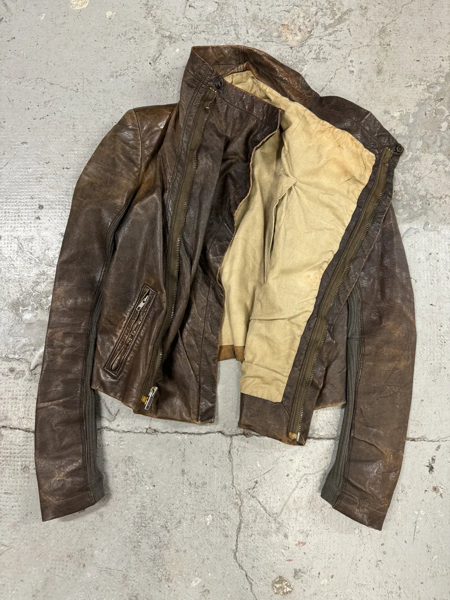 FW2010 Rick Owens Tumbled Stoned Brown Hybrid Leather Jacket (S) LAogNjc 3