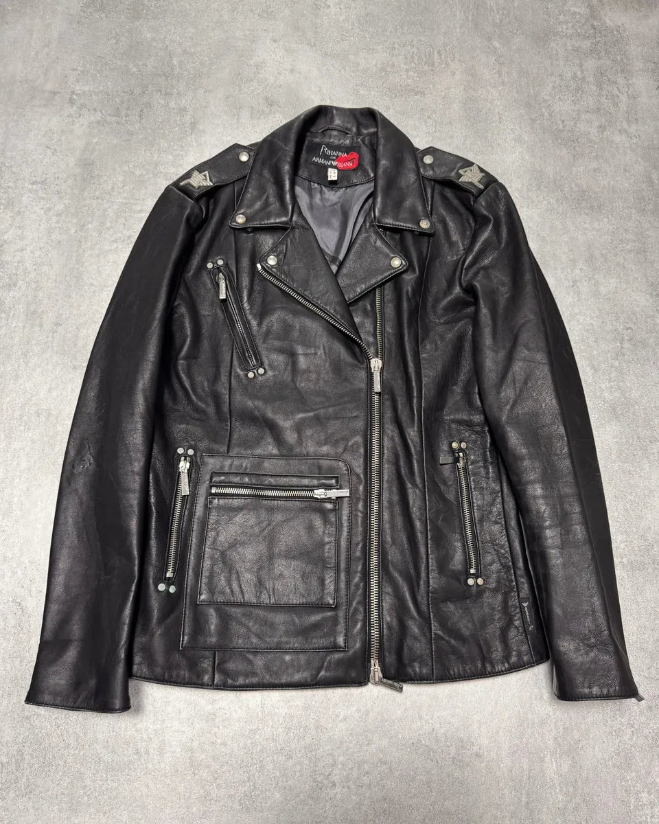FW2011 Armani x Rihana Moto Black Leather Jacket jslDBBT 0