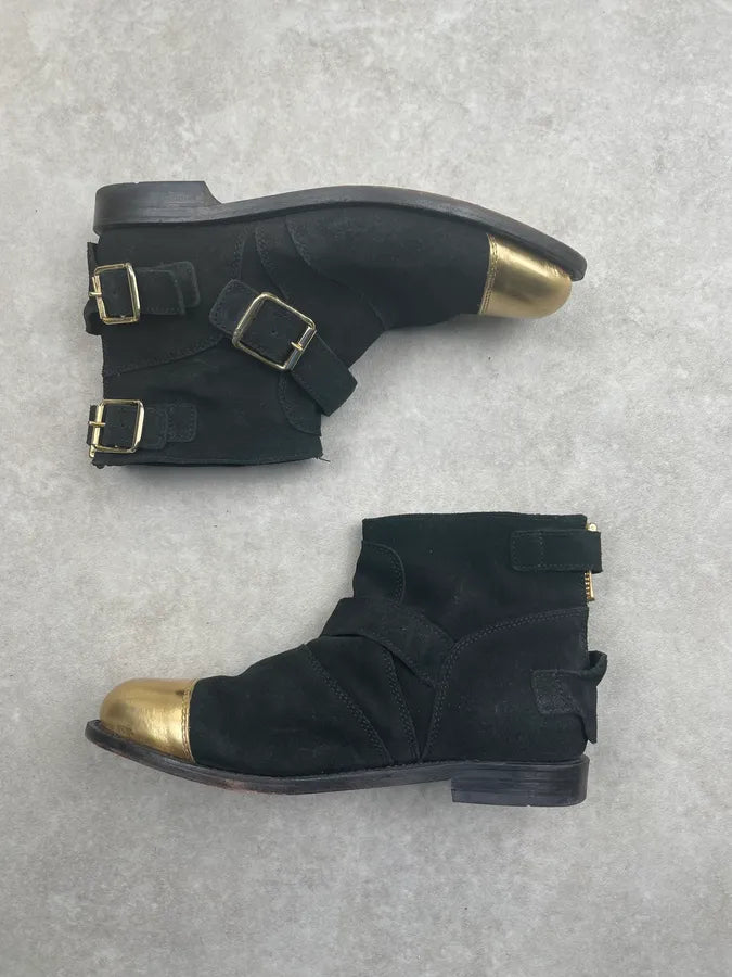 FW2011 Balmain x H&M Black Suede Gold-Toe Buckle Boots FyscqHK 2