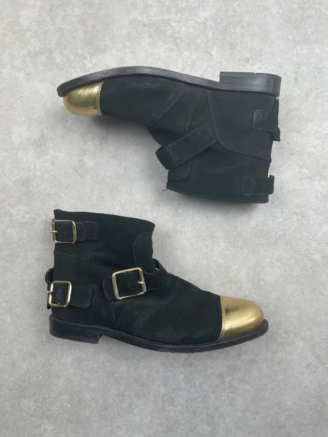 FW2011 Balmain x H&M Black Suede Gold-Toe Buckle Boots FyscqHK 1