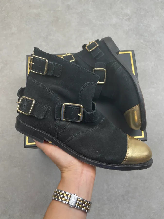 FW2011 Balmain x H&M Black Suede Gold-Toe Buckle Boots FyscqHK 0